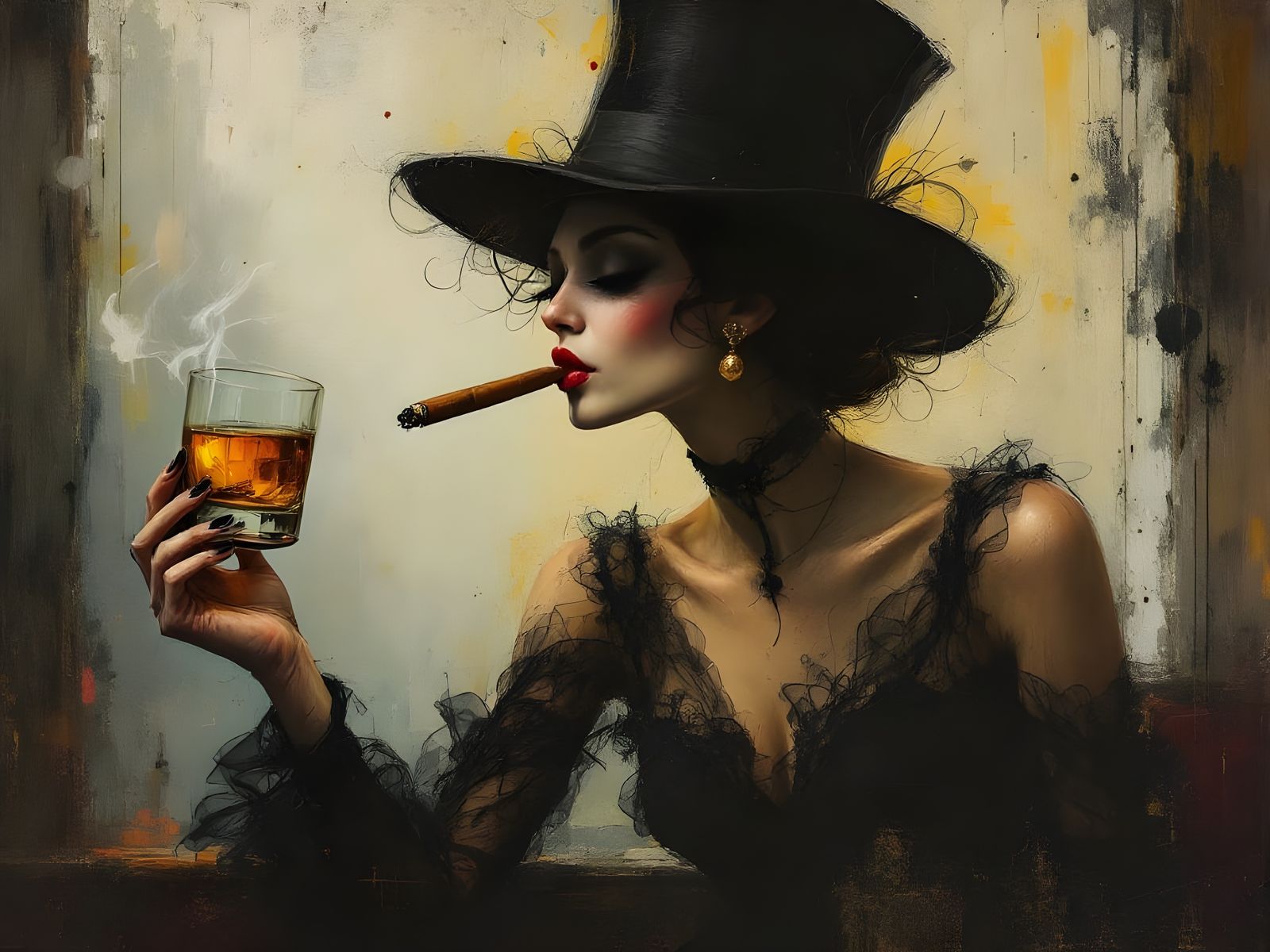 Surrealist Lady Smokes Whiskey in Elegant Art