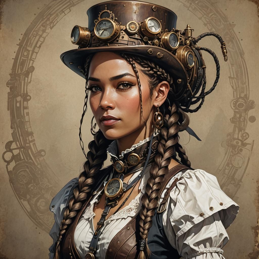 Steampunk Woman with Braids and Hat