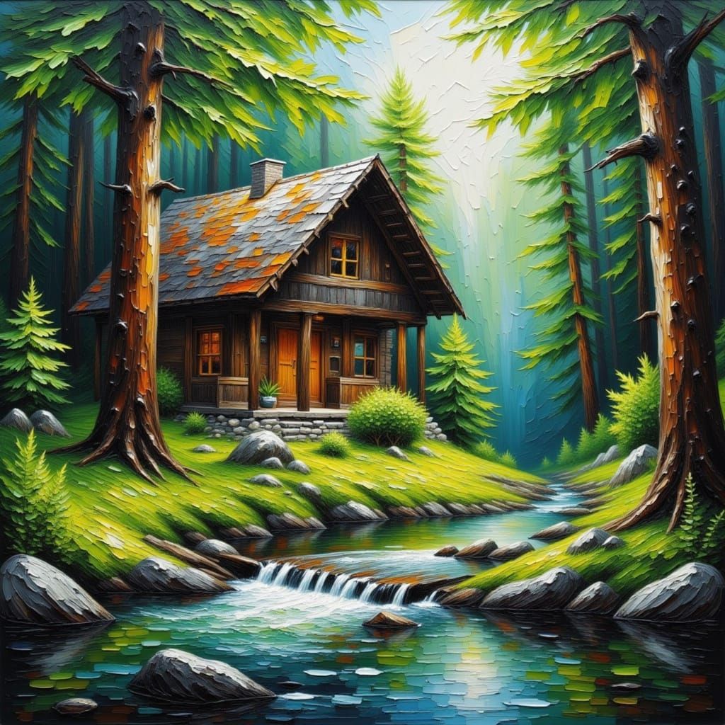 Rustic Cabin in Forest Creek, Impasto Style