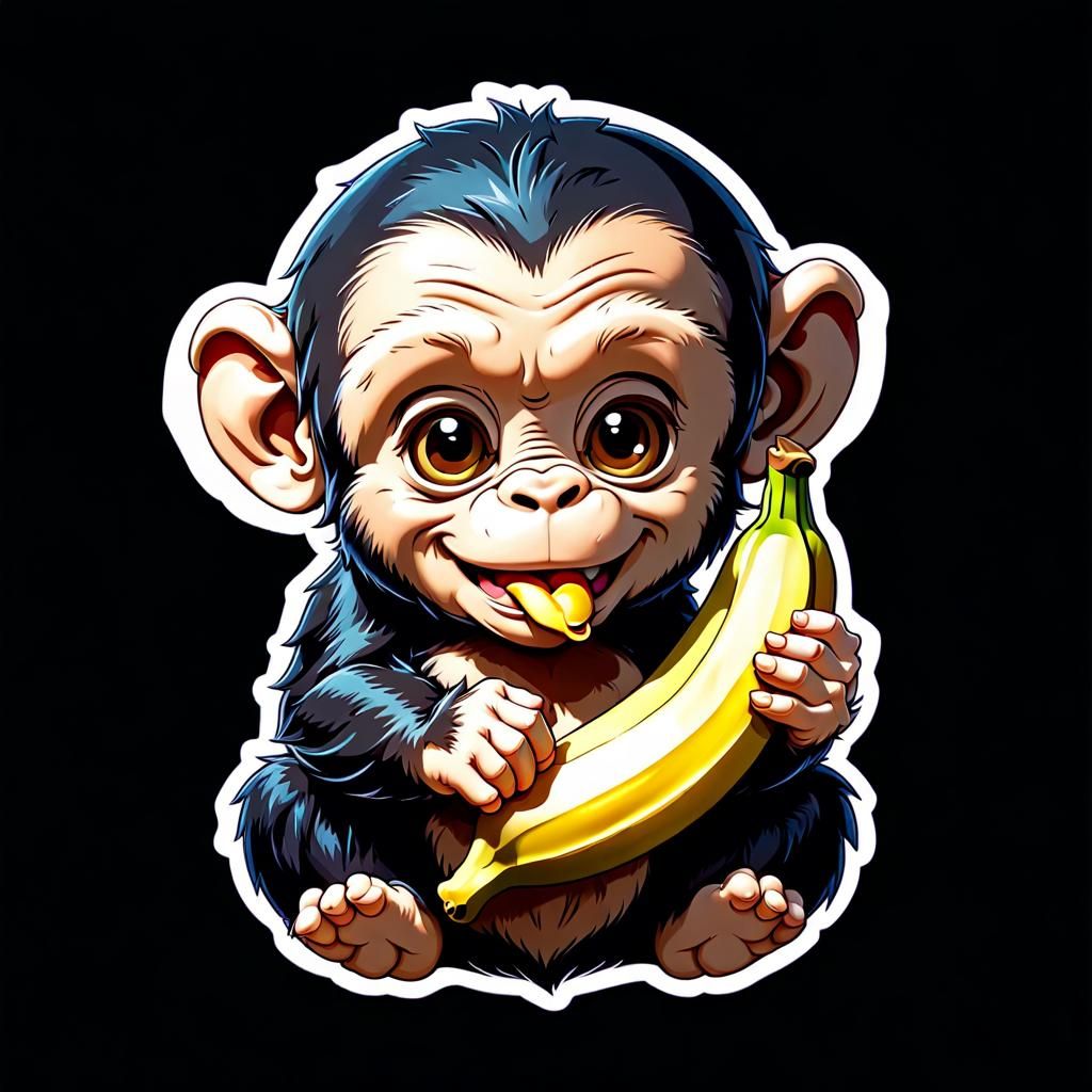 Chibi Chimpanzee Vinyl Sticker Munching Banana