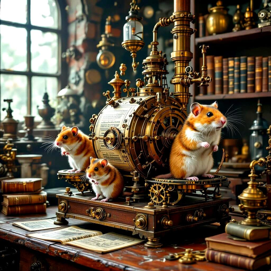 Steampunk Hamster Contraption in Victorian Laboratory