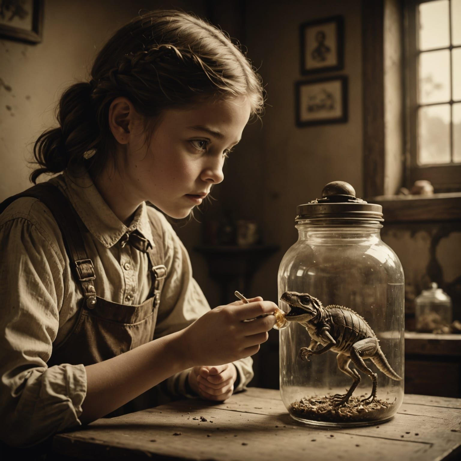 Girl Gazing at Jar Creature: Vintage Sepia Photo