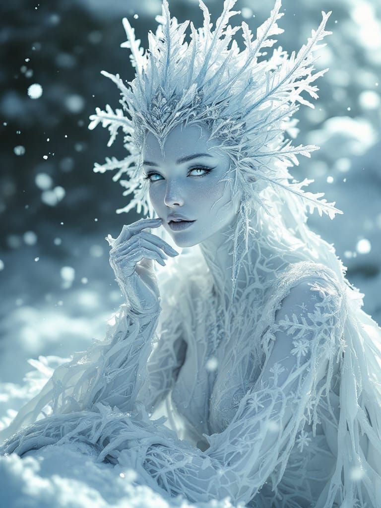 Ethereal Snow Queen Sculpture in Hyper-Realistic Fantasy Art