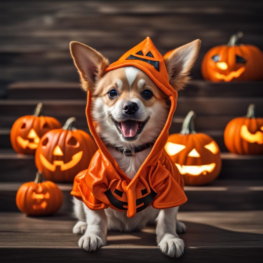 Chibi Puppy in Jack-O-Lantern Costume: Realistic HDR Photo
