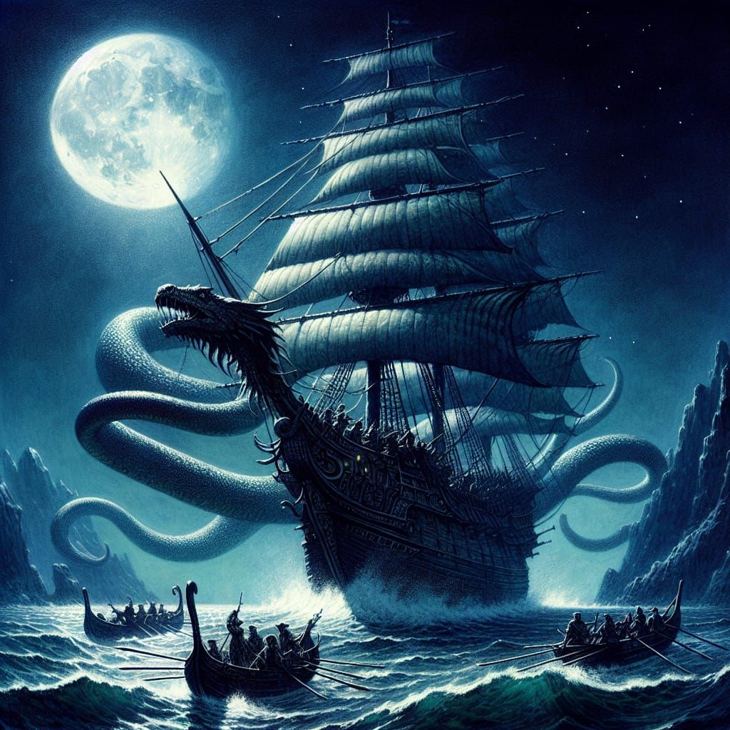 Sea Serpent Encircles Trading Vessel Under Moonlight