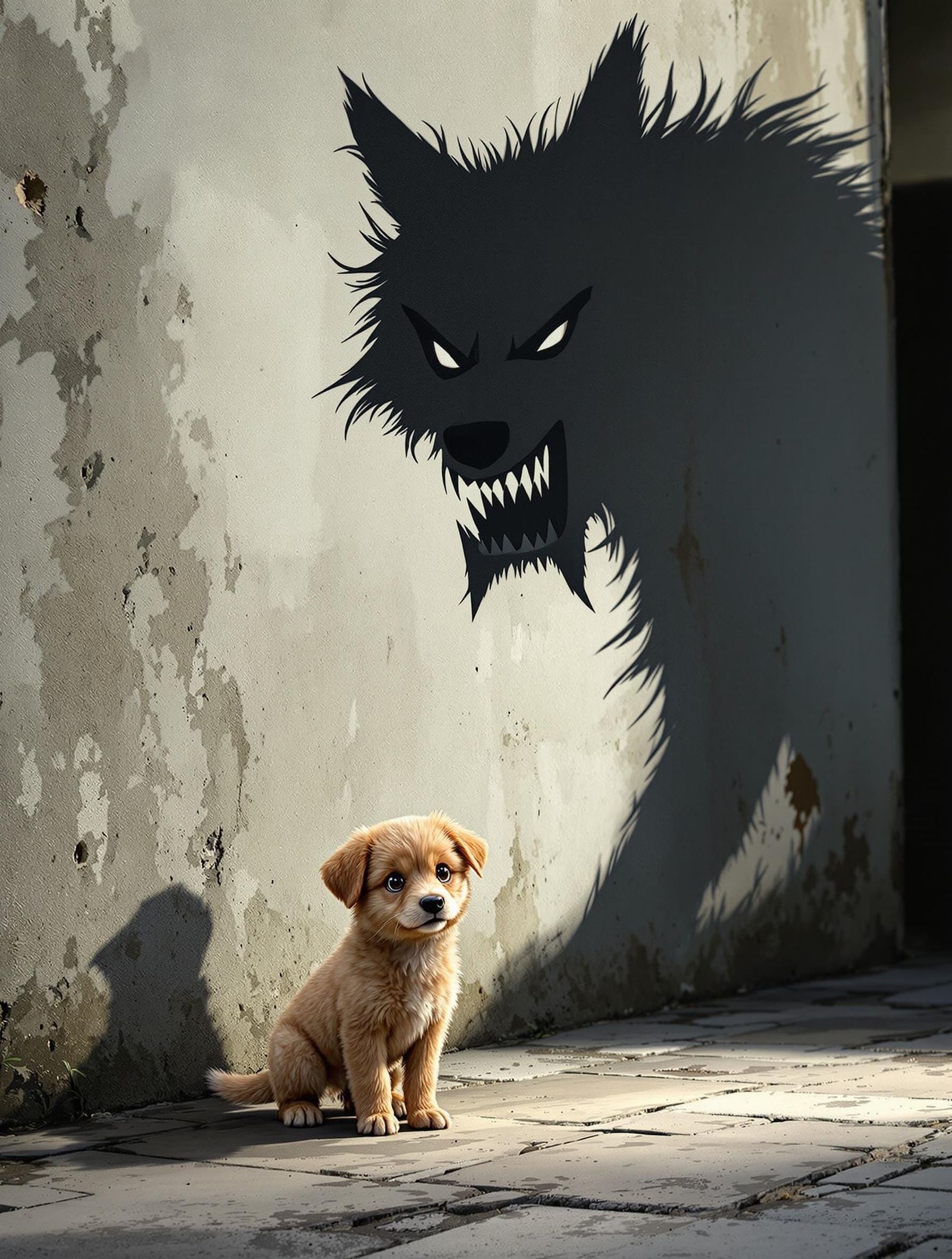 Innocent Puppy Confronts Ominous Wolf Shadow