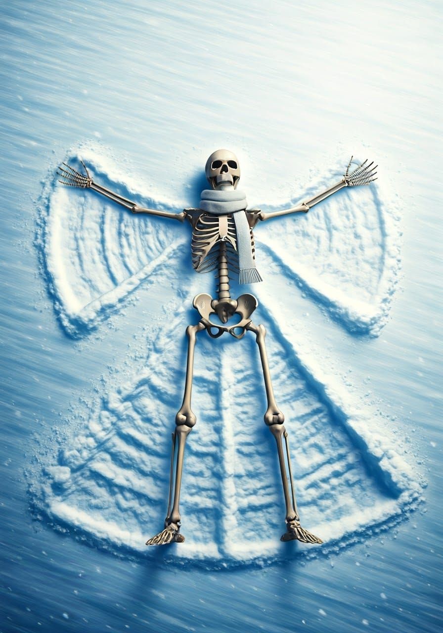 Jovial Skeleton Creates Snow Angel in Futuristic Winter Wond...