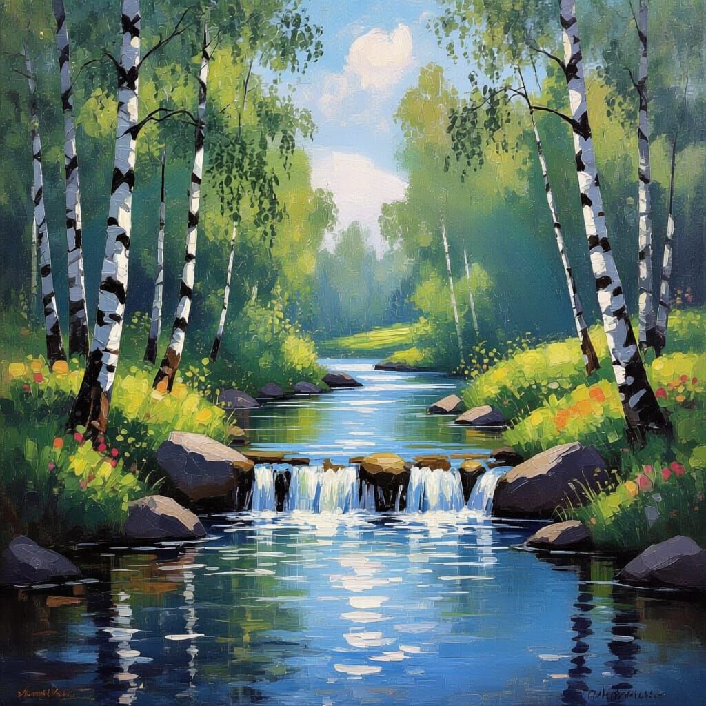 Monet-Style Waterfall in Birch Forest with Rainbow Mist