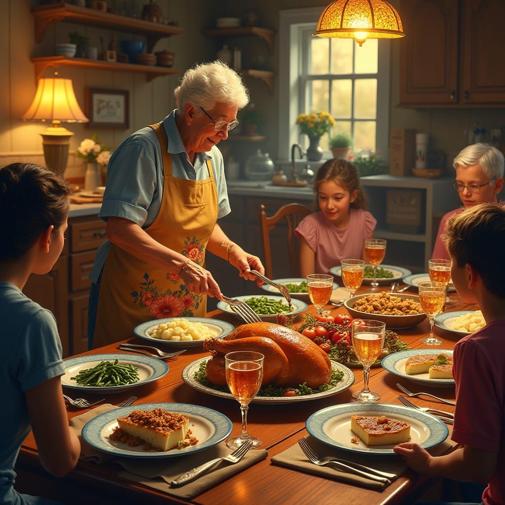Elderly Grandma Serves Family Thanksgiving Dinner in Cozy 19...