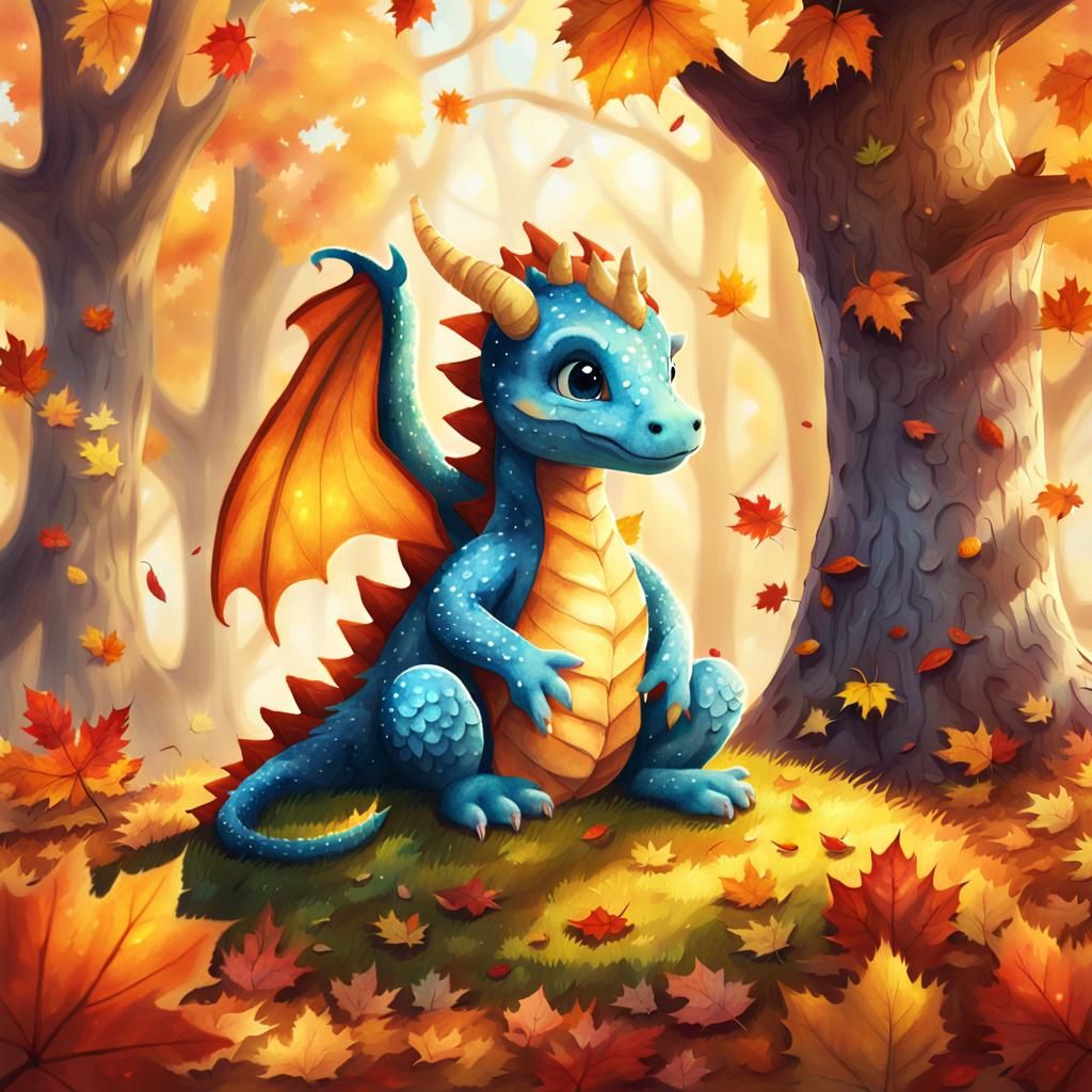 Cute Baby Dragon in Autumn Scenery