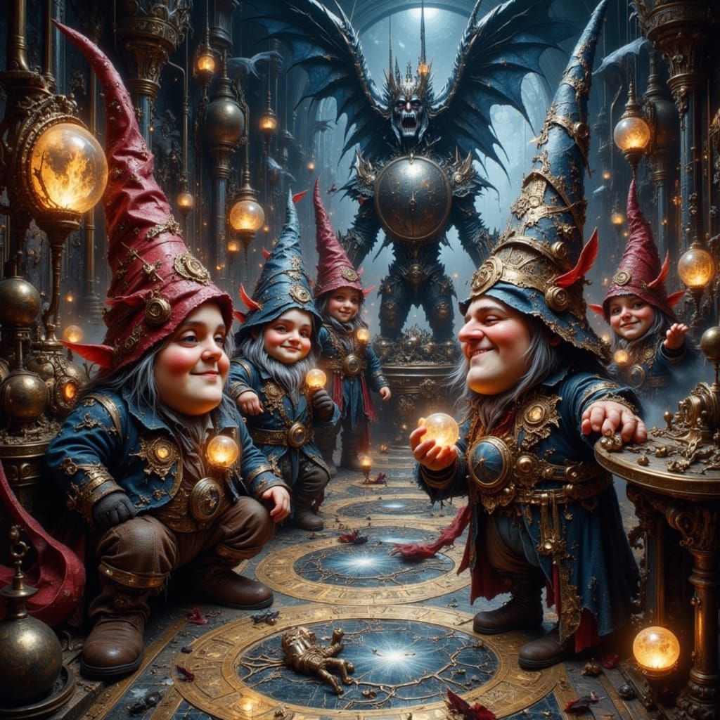 Gnomes Inventing in Steampunk Style with Orbs