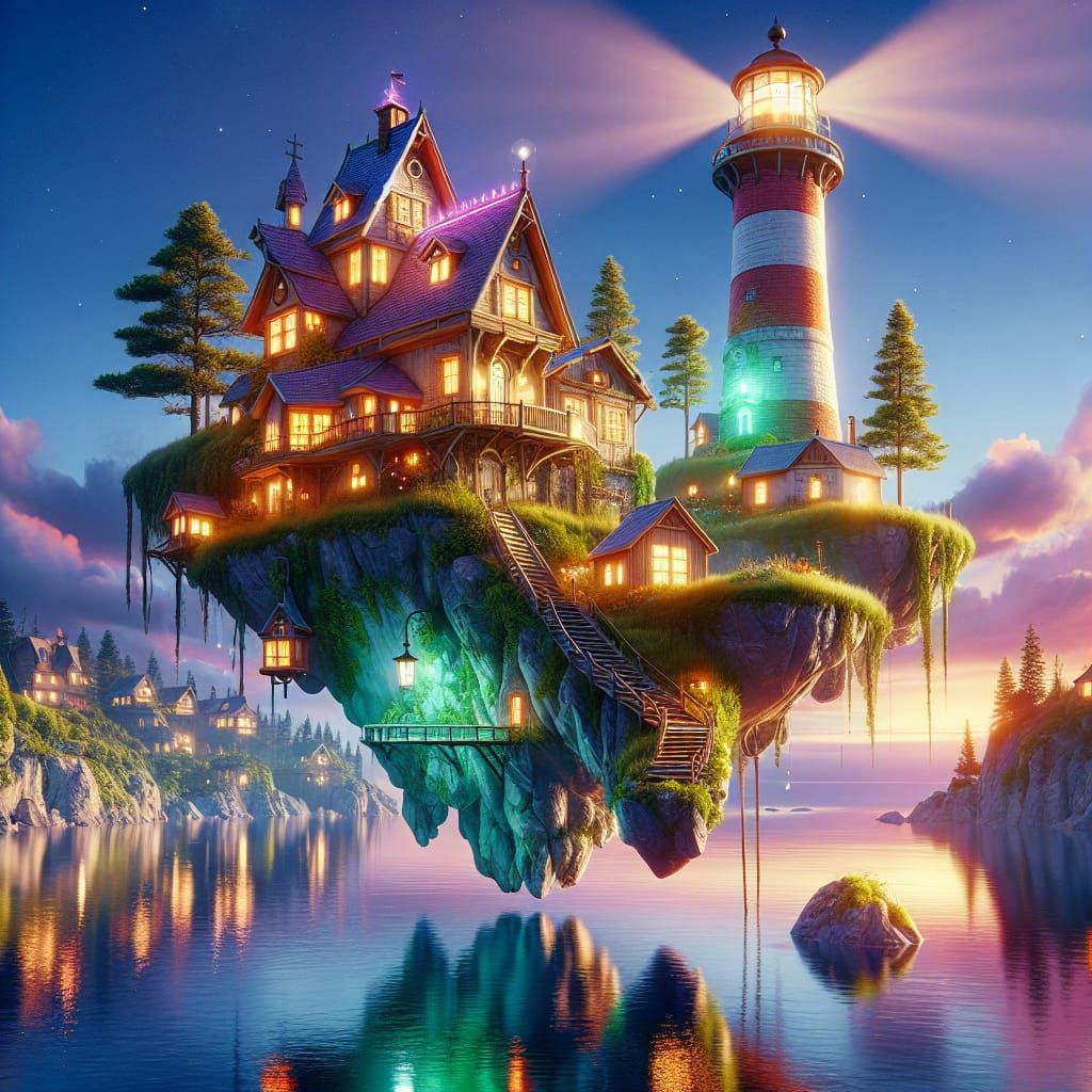 Floating Island Home with Lighthouse, Fantasy Concept Art