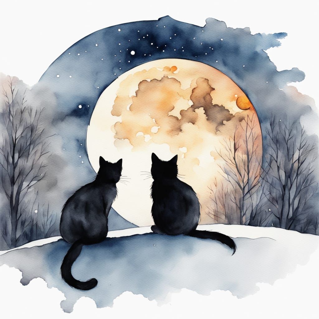 Two Black Cats Under Starry Moonlit Sky, Watercolor Style