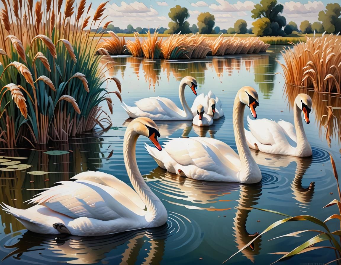 Swans in Reeds: An Impressionist Gouache Painting