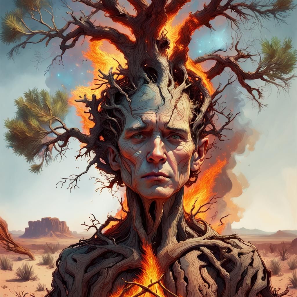 Fiery Desert Tree Portrait in Digital Illustration Style