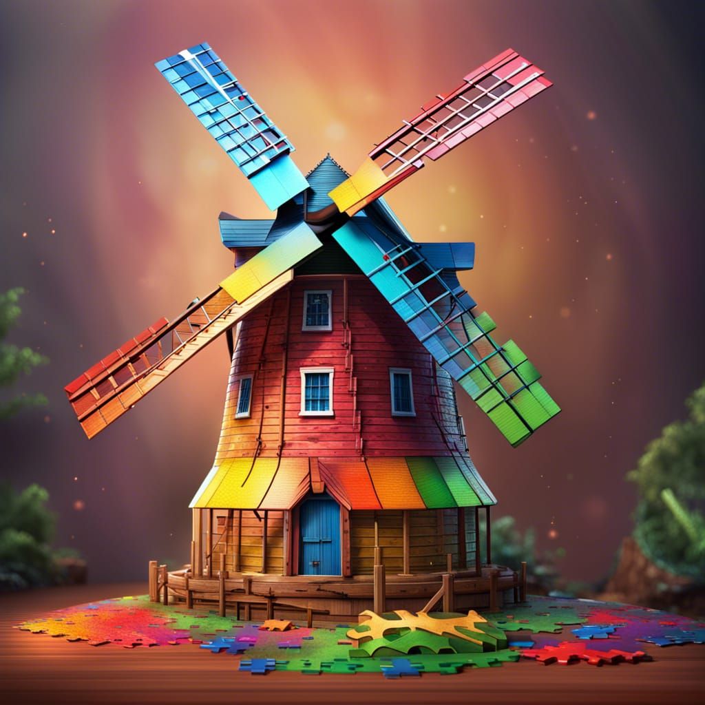 Hyperrealistic Windmill Puzzle with Colorful Background