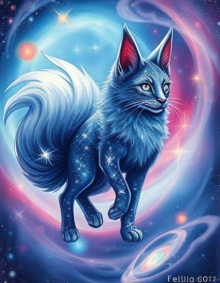 Cosmic Kitsune Emerges from Nebula: Watercolor Splash Art