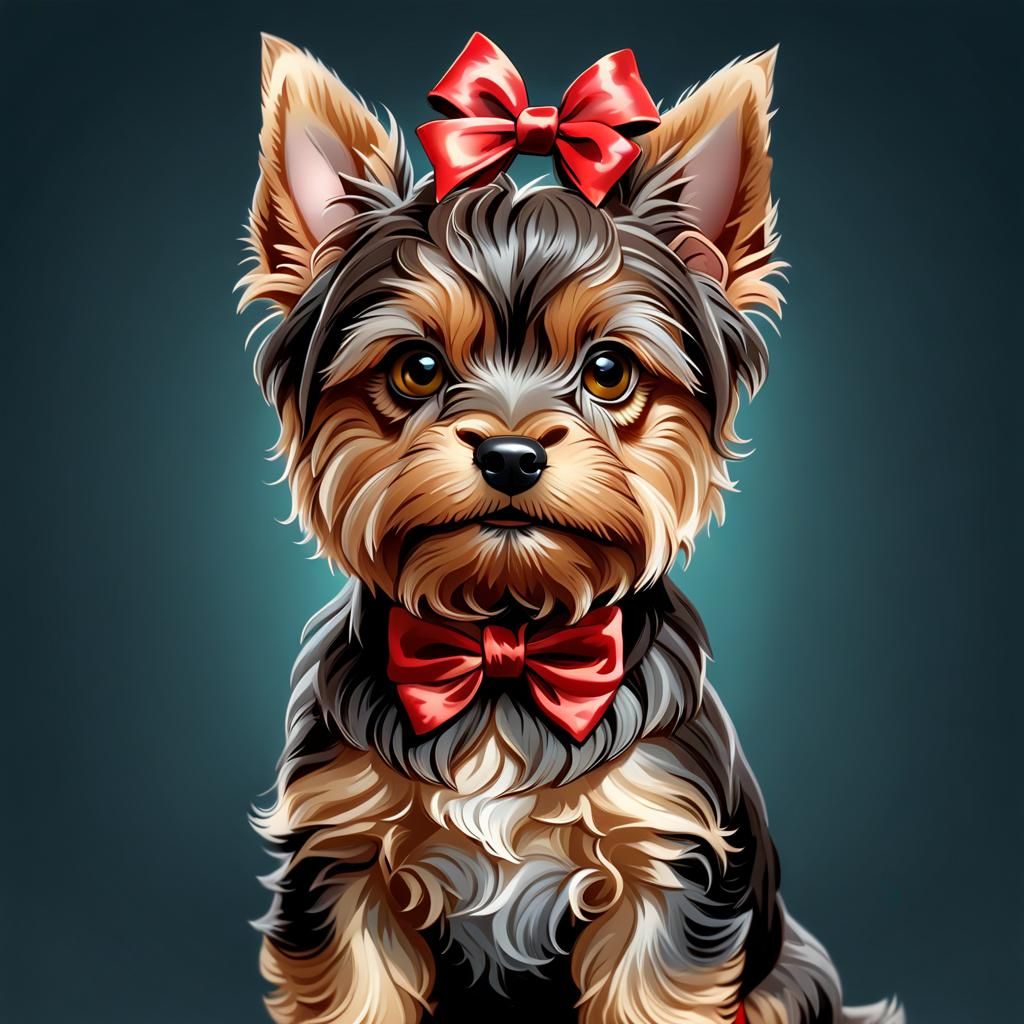 Cute Brown Yorkshire Terrier Pup with Red Bow