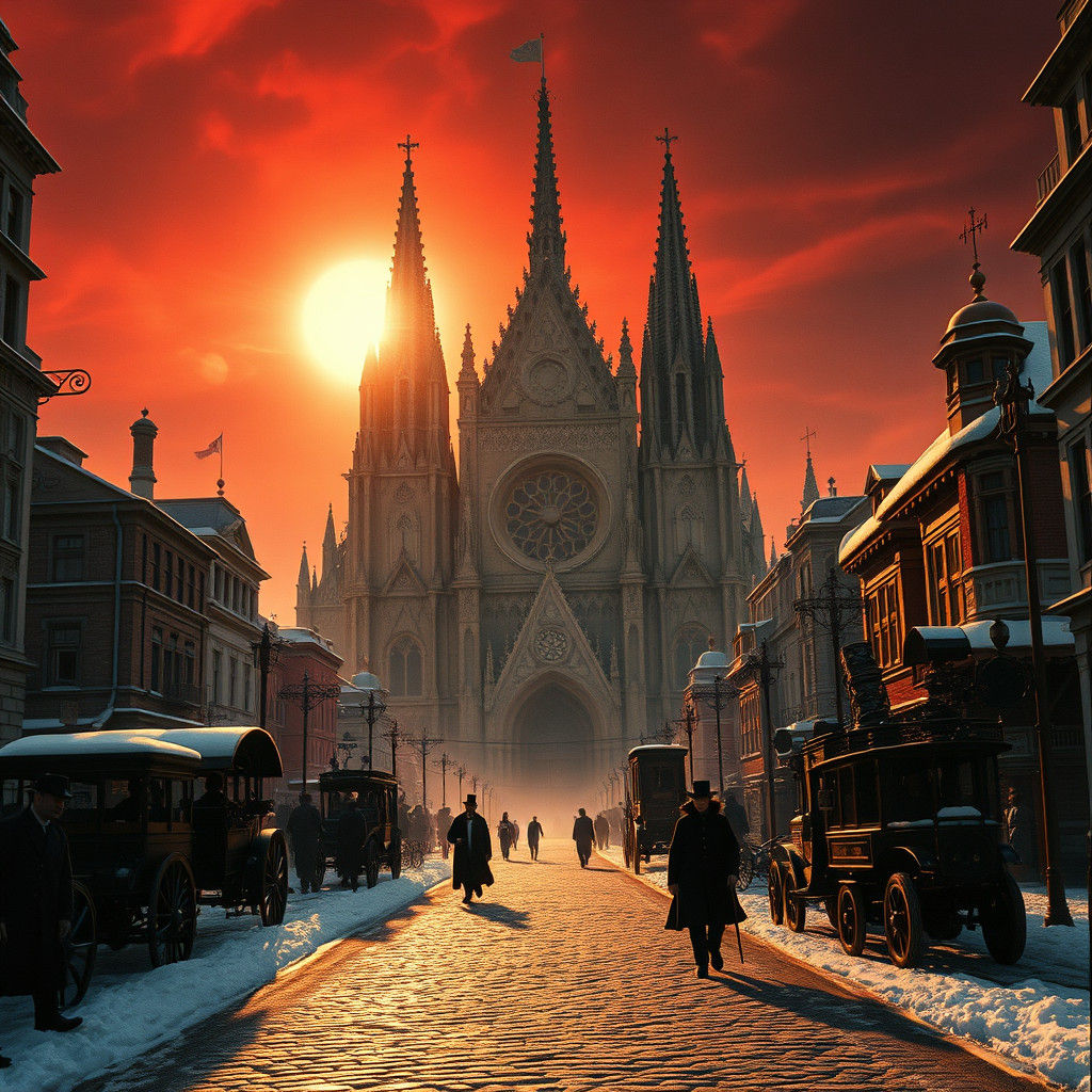 Steampunk Cityscape with Gothic Cathedral in Golden Light