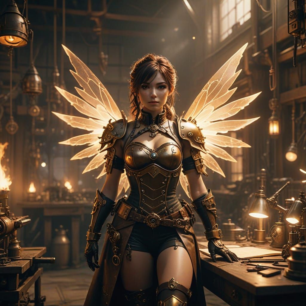 Steampunk Fairy Engineer in Sooty Workshop