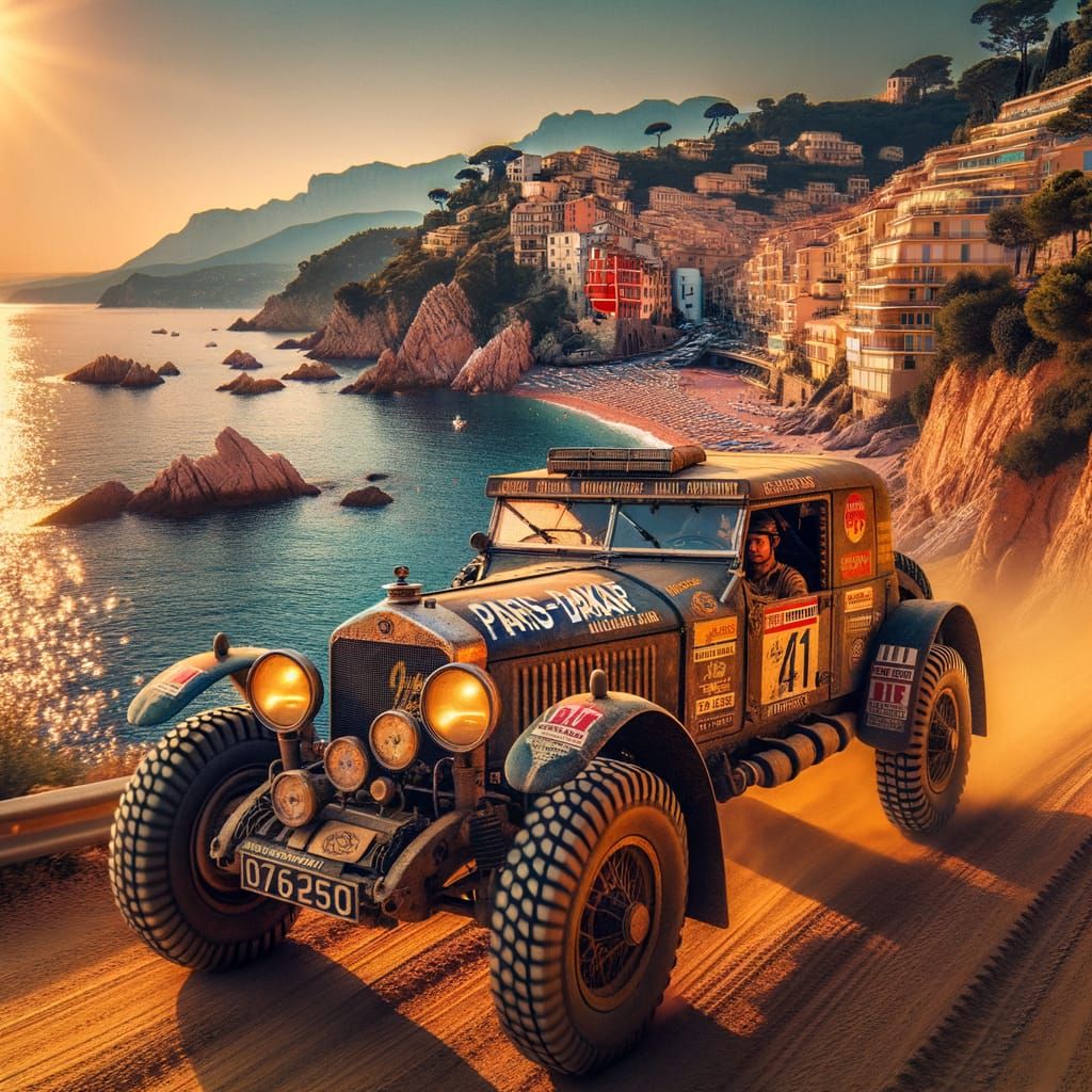 Vintage Paris-Dakar Rally Vehicle Speeds Along French Rivier...