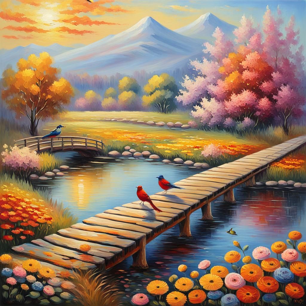 Birds Feast on Bridge in Impressionist Oil Painting