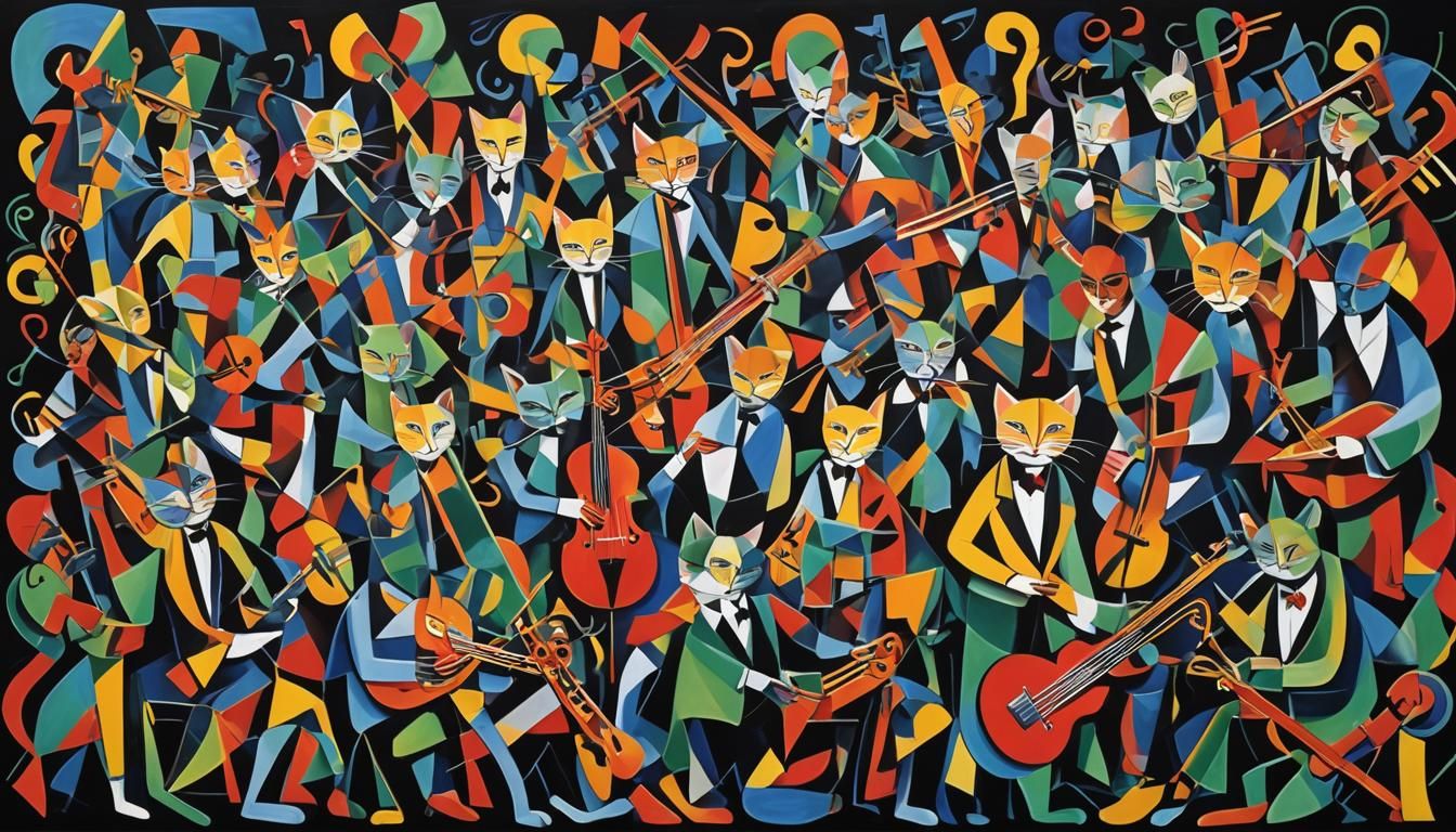 Cubist Cat Musicians in Jazz Combo: Oil Painting