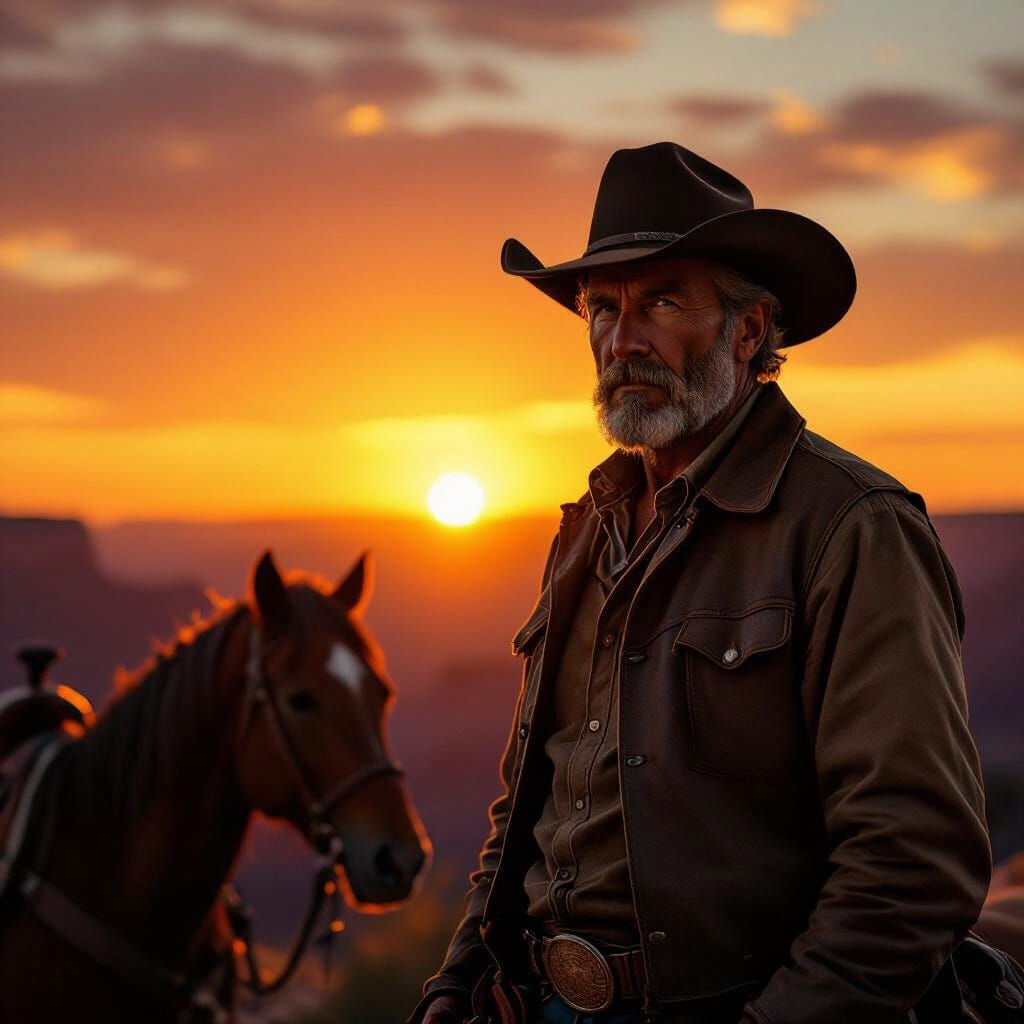 Grizzled Cowboy Watches Fiery Grand Canyon Sunset