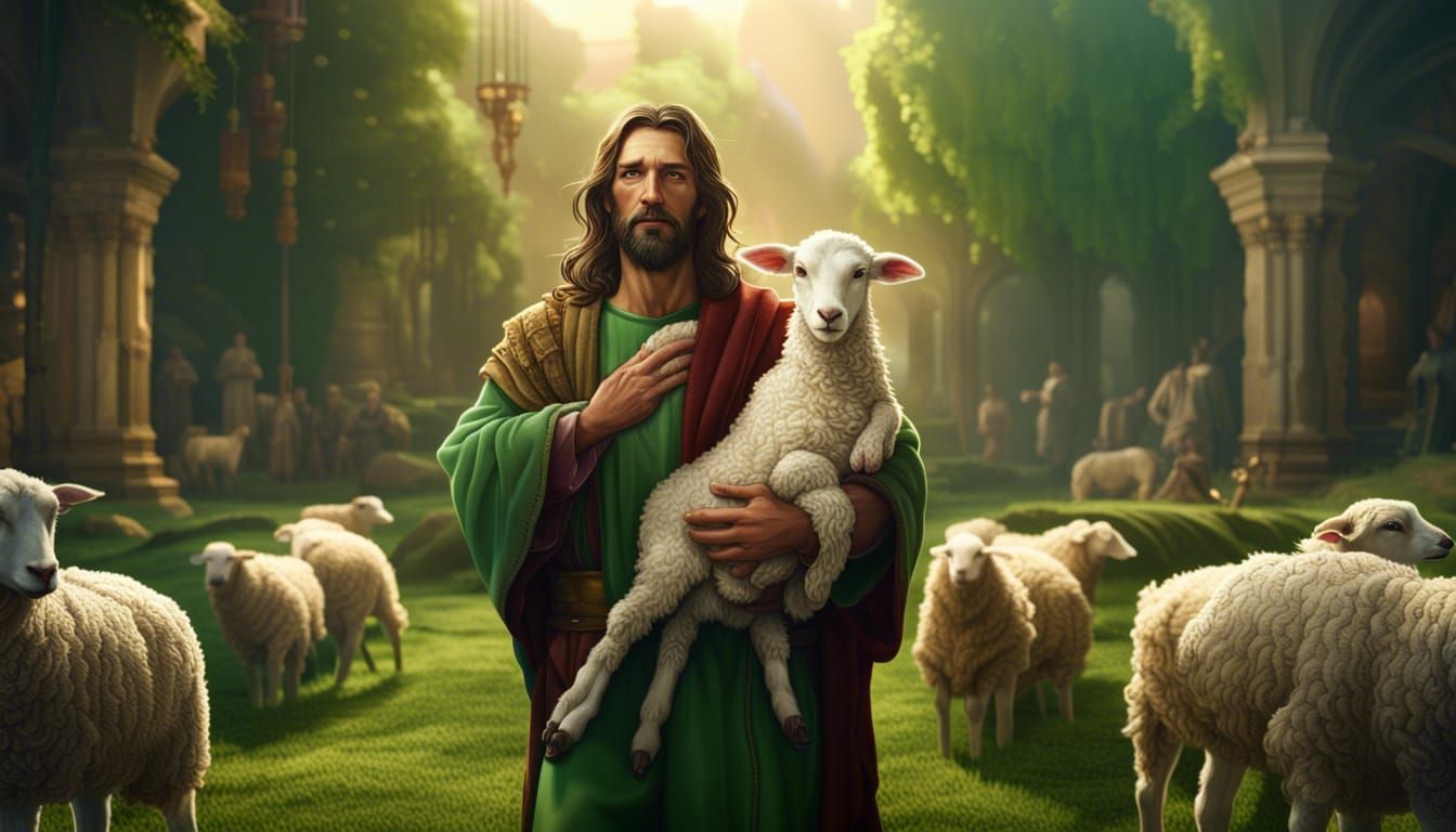Jesus Christ with Lamb in Pastoral Landscape