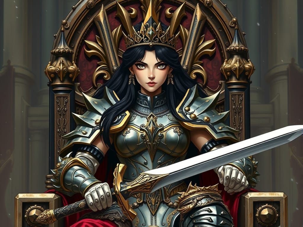 Anime Warrior Queen on Throne in Fantasy Style