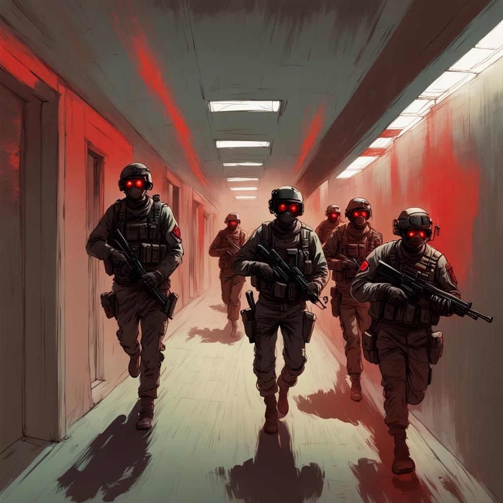 Sinister Army Rangers in a Red Lit Hallway