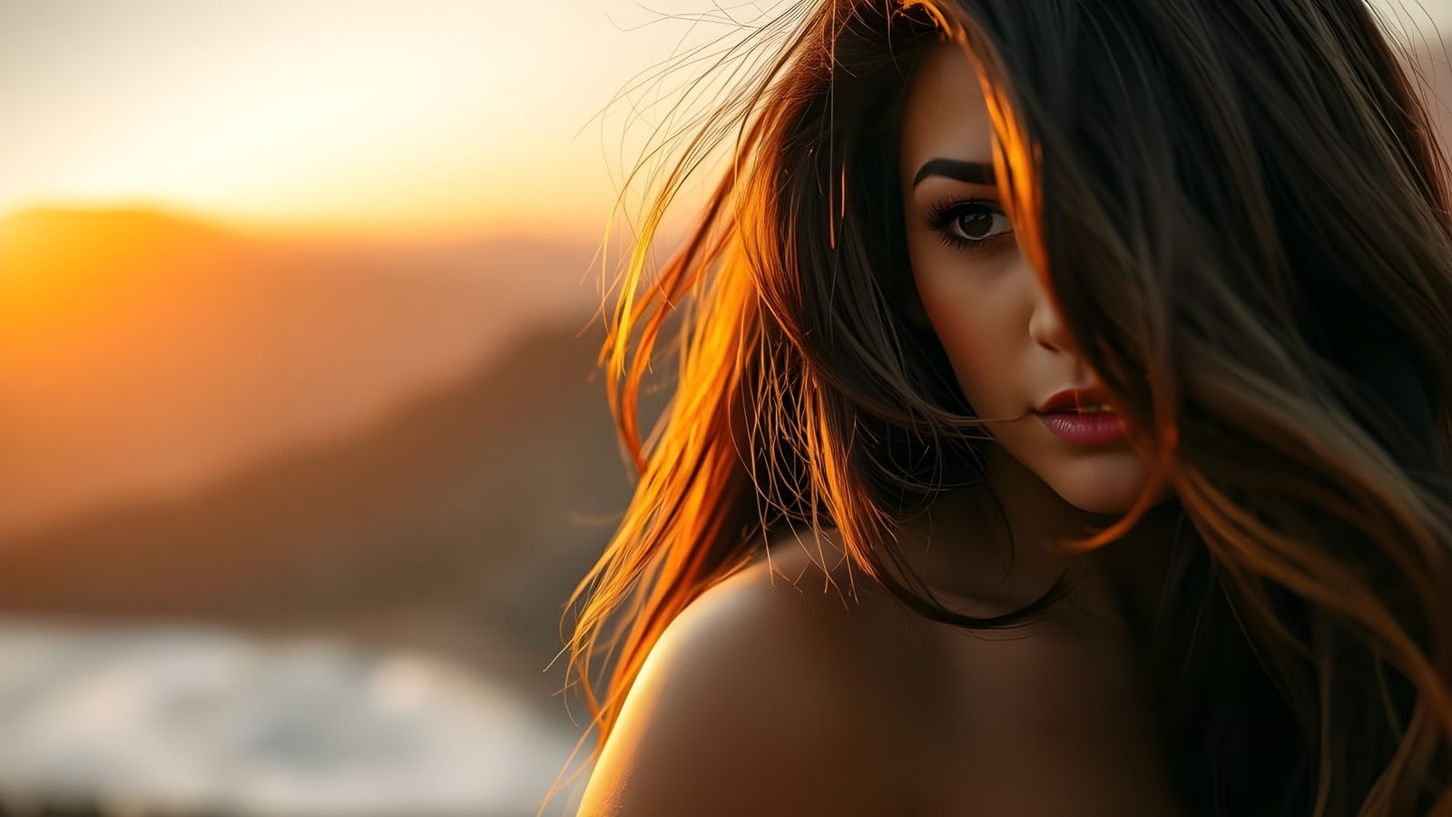 Glowing Woman in Sunset Landscape