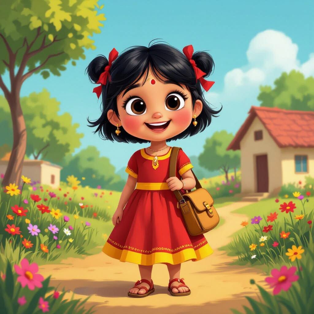 Cute Indian Schoolgirl in Pixar-Disney Cartoon Style