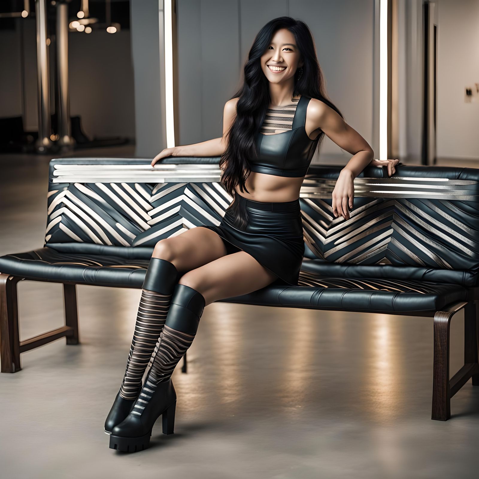 Smiling Woman in Leather Outfit on Bench