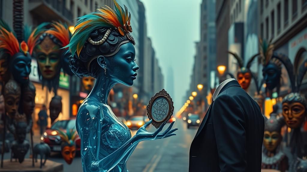 Glass Woman in Surreal City Dreamscape
