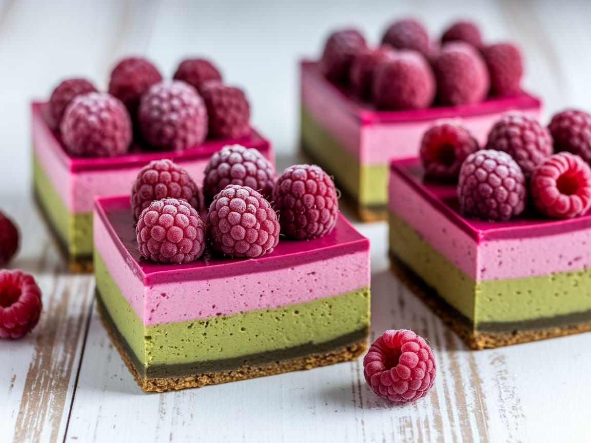 Vibrant Matcha Cheesecake Bars with Fresh Raspberries