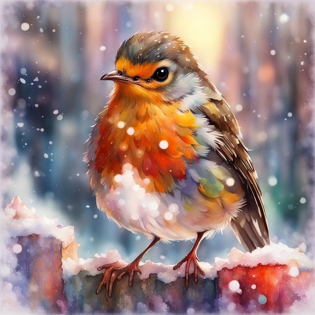 Festive Robin in Urban Watercolor Fantasy