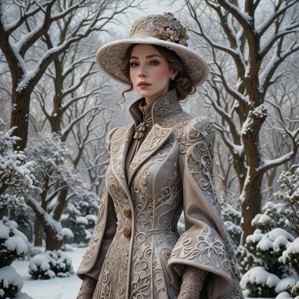 Elegant Lady in Snowy Garden, Art Nouveau Digital Painting