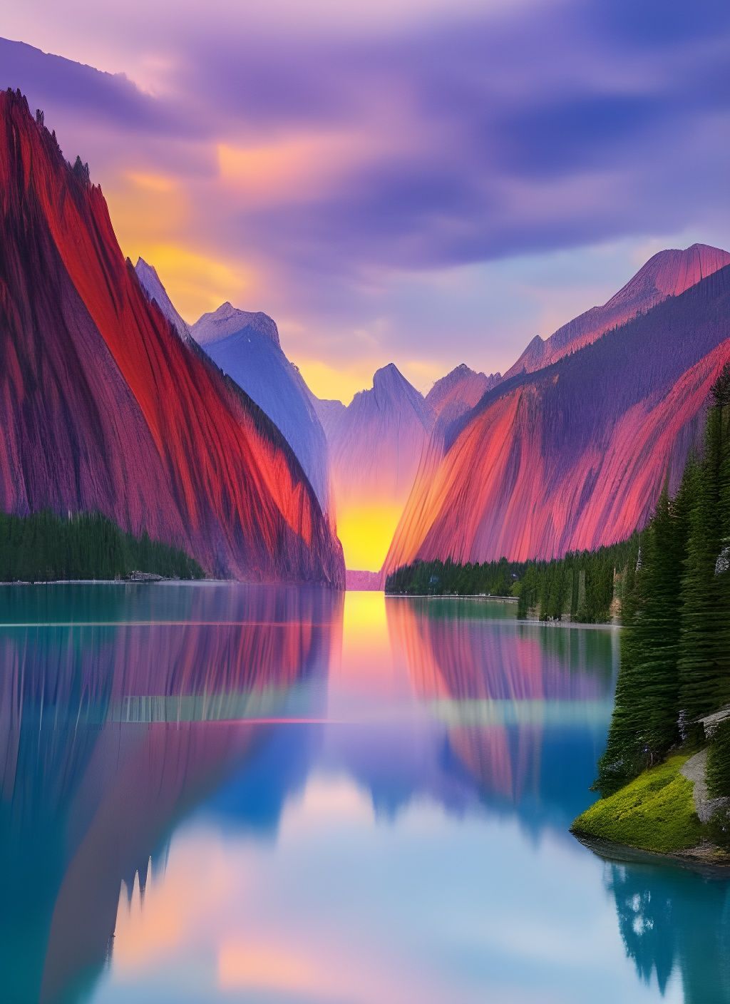 Peaceful Mountain Lake View in Watercolor Style