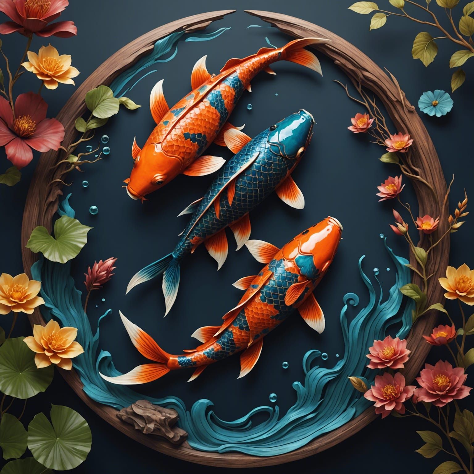 Detailed Wooden Koi Fish Matte Painting