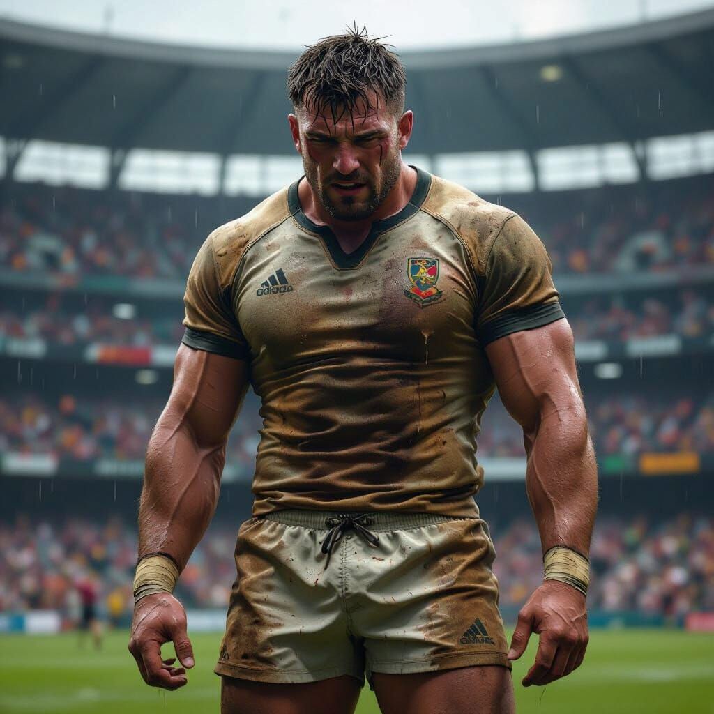 Exhausted Muscular Rugby Player in Hyperrealistic Style