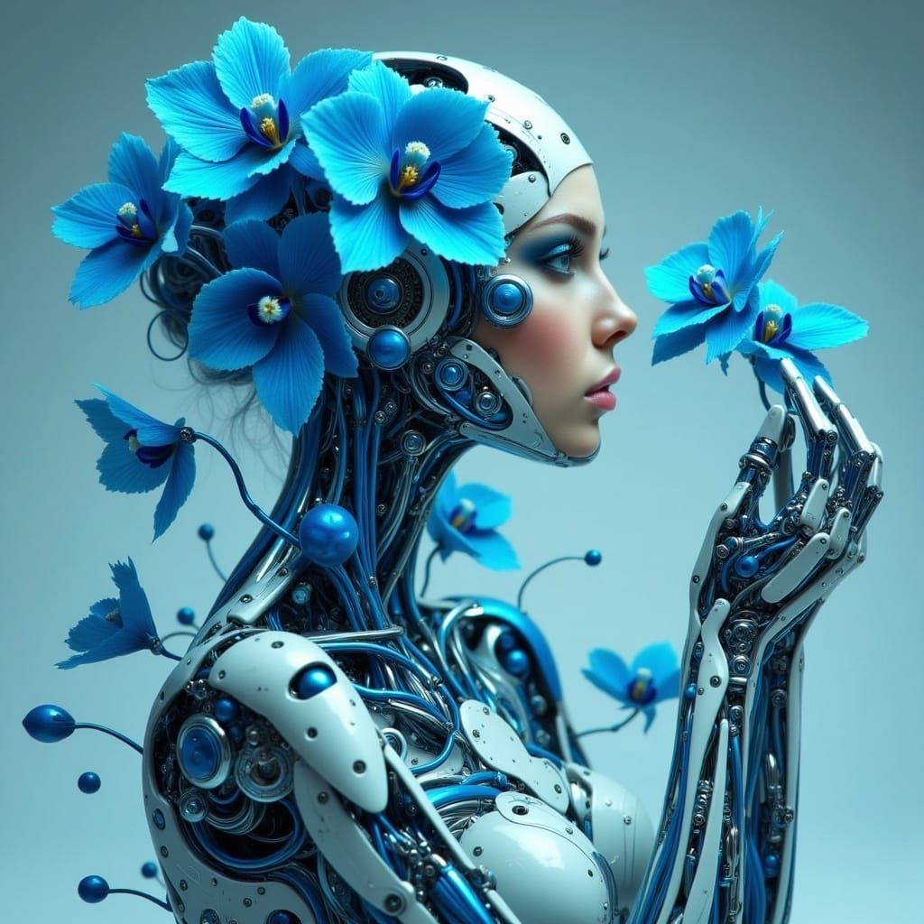 Robotic Woman Adorned with Blue Poppies