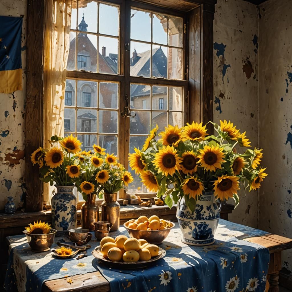 Sunflowers and Delft Blue Flowers Still Life
