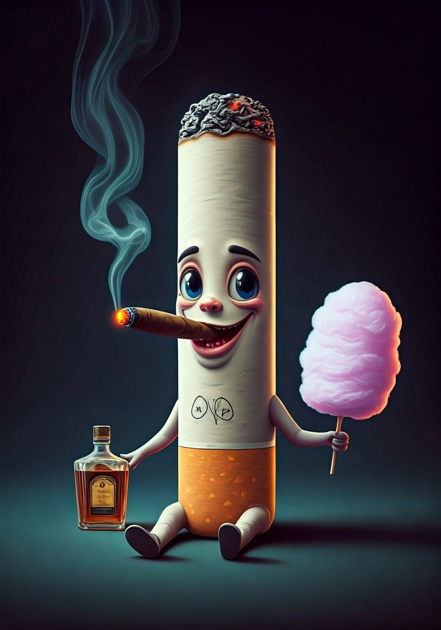 Adorable Cigarette Character Smoking and Drinking Whiskey