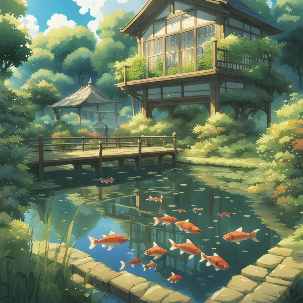 Garden with Fish Pond in Studio Ghibli Style