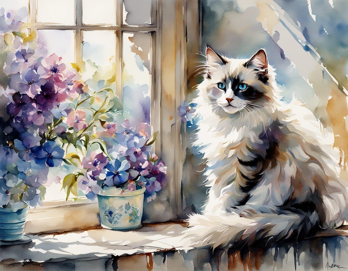 Ragdoll Kitten in Sunlight: Watercolor Painting