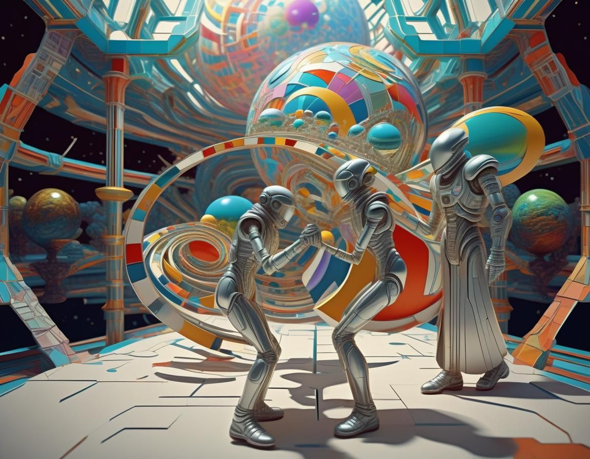 Surreal Scene: Figures Enter Alien World of 3D Art
