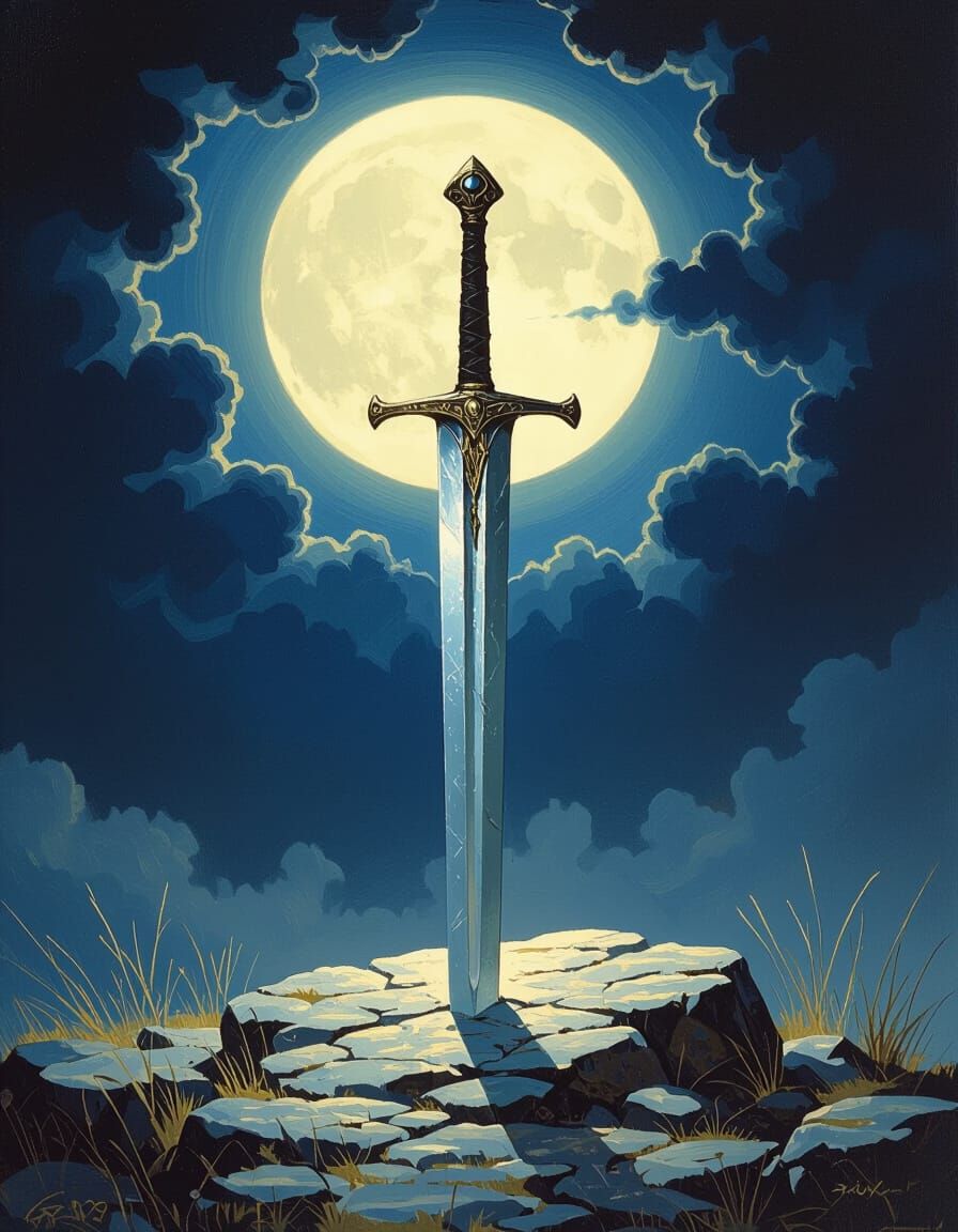 Excalibur Sword Stuck in Stone Under Moonlight