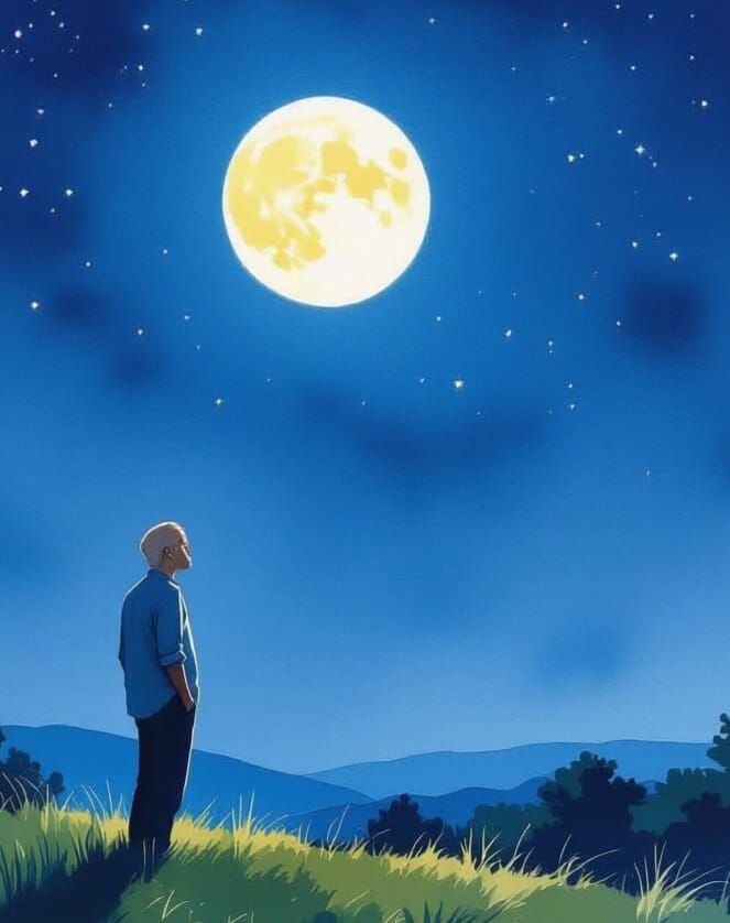 Man Smiling at Moonlit Summer Night Watercolor