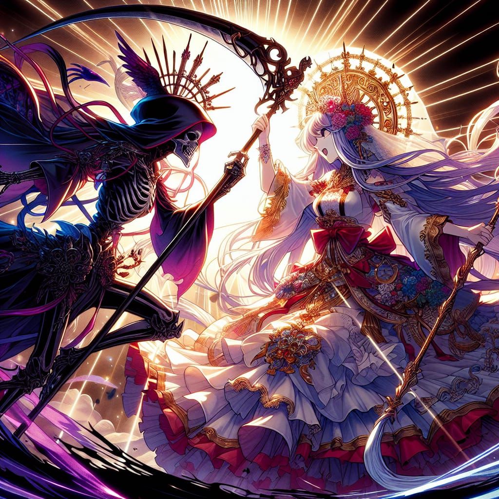 Insidious vampire queen with a scythe fights against the holy maiden of light